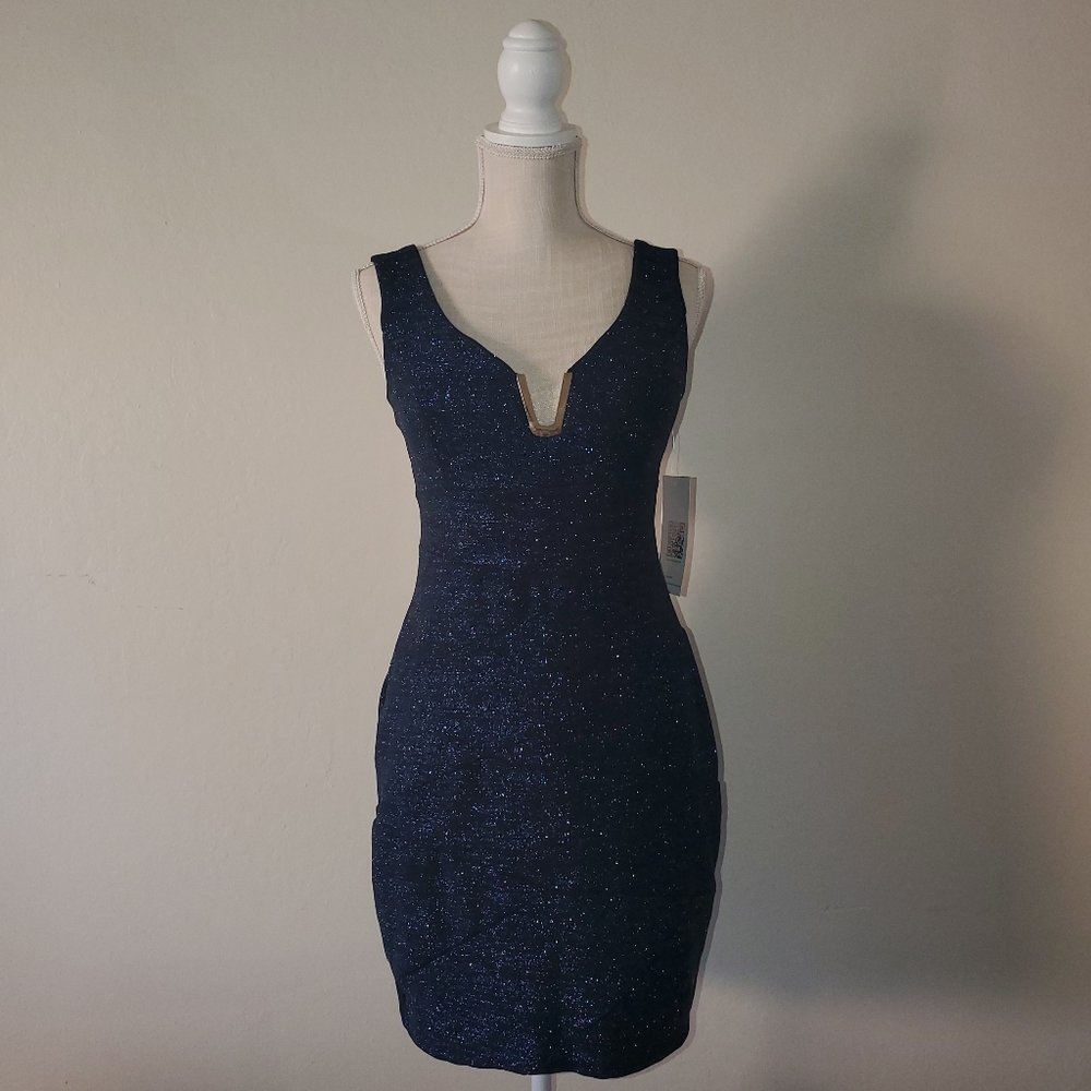 NWT Emerald Sundae Deep Blue Glitter Gold Plunge Zipper Bodycon Dress - Size XL